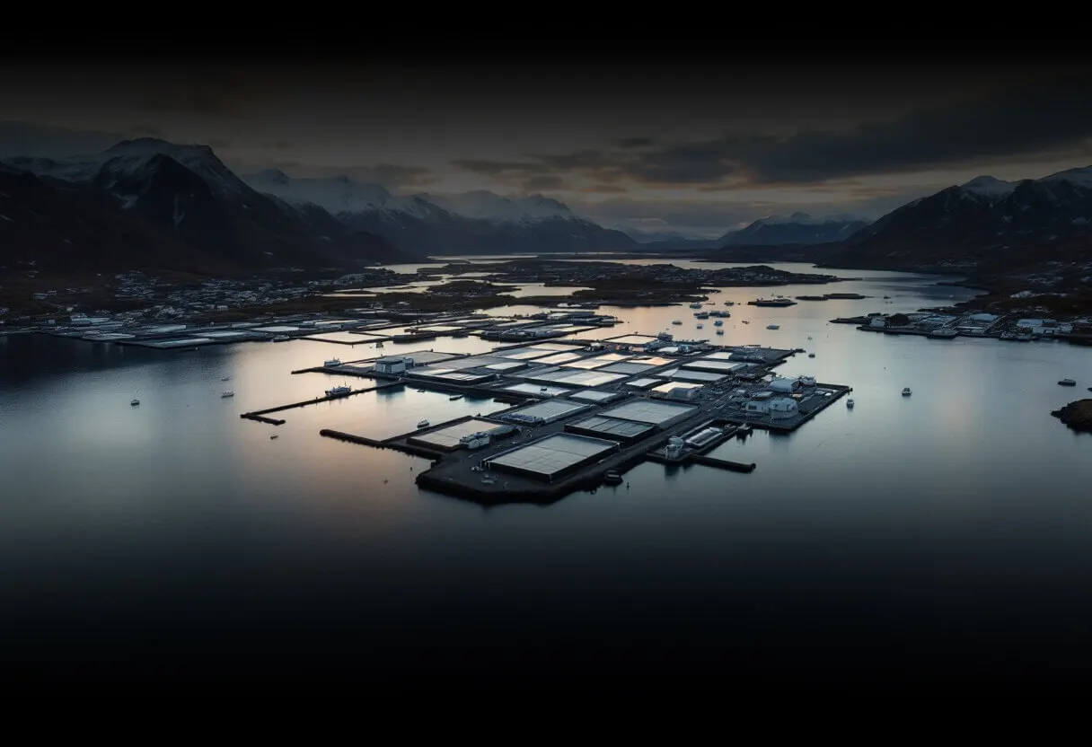 Sea farming facilities at dusk